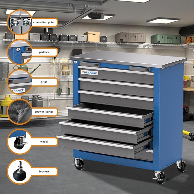 7-Drawer Rolling Toolbox,Tool Box with 360° Lockable Wheels and Padded Feet,Tool Chest with Keyed Locking System and Drawer Liners,can be Combined Storage System with Tool Chest