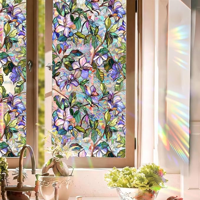 Purple Flower Stained Glass Window Film, Rainbow Floral Static Cling Privacy by Aomkmi