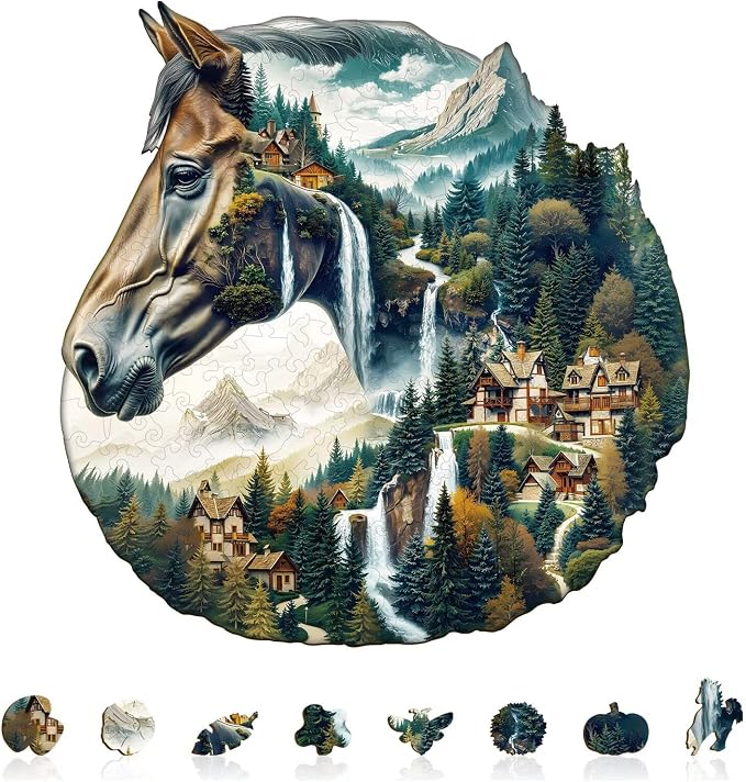 Mountain and River Horse Puzzles Adults Gifts Wooden 100 Pieces 8.5 * 8.2in by Jollitot