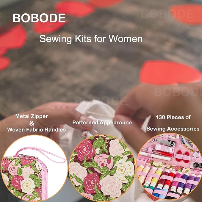 Rose Floral Sewing Kit with 130 PCS Sewing Supplies Accessory, PU Zipper Sewing - Image 3