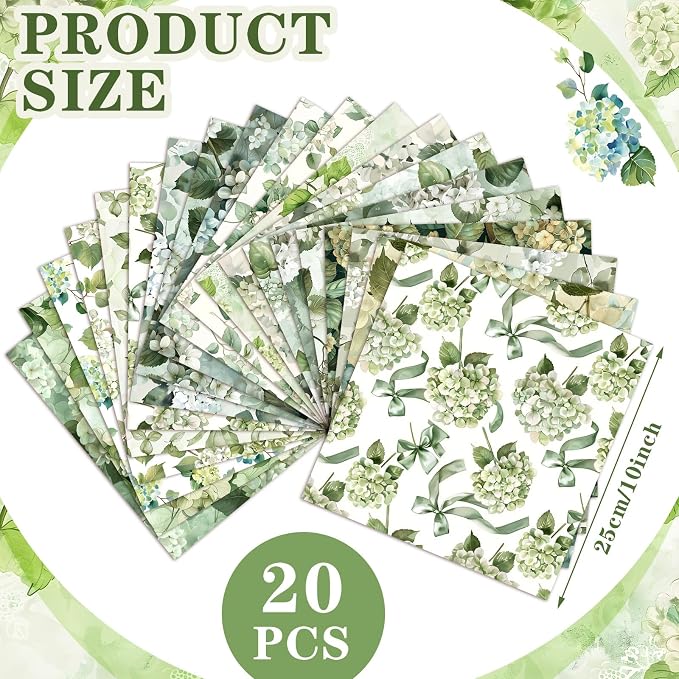 HunnmingRe 20 Pcs 10''x10'' Sage Green Hydrangea Quilting Fabric Square - Image 2