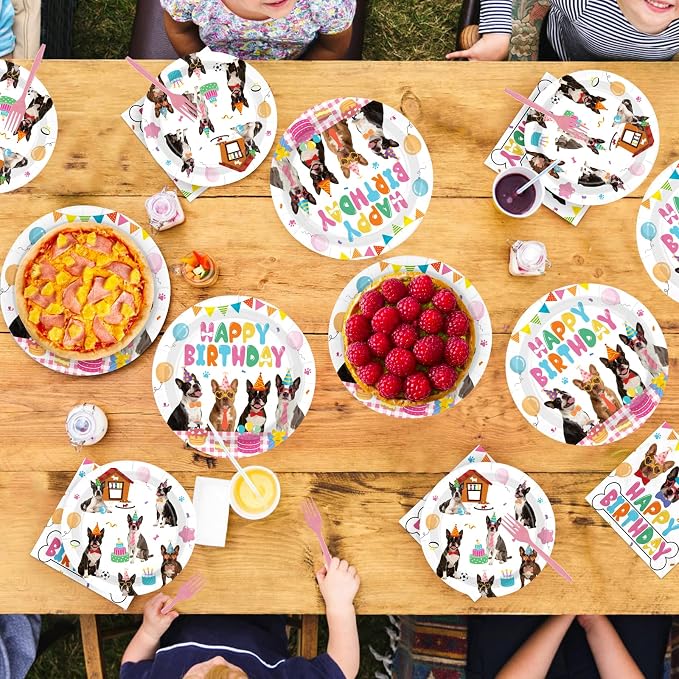 96 Pcs Boston Terrier Birthday Party Decoration Dog Puppy Theme Plates and - Image 7