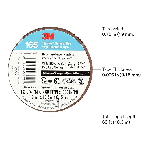 3M Temflex Multi-Purpose Vinyl Electrical Tape 165, Brown, 3/4 in x 60 ft (19 mm x 18 m), 10 Roll Pack