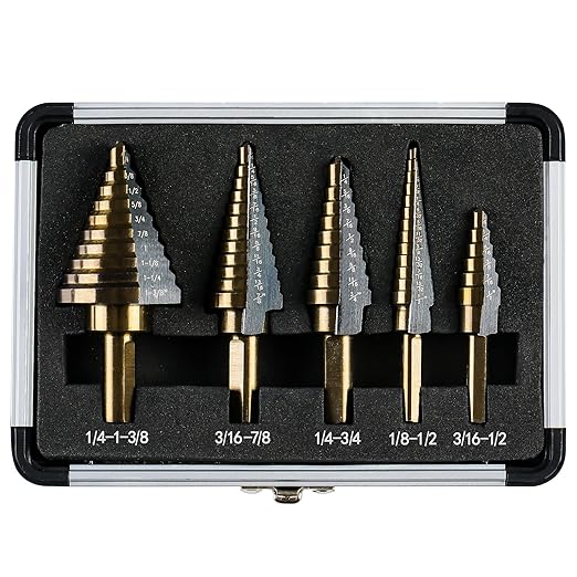 Step Drill Bits, 5PCS HSS Titanium Step Drill Bit Set, 50 Sizes High Speed Steel Step Bits for Metal with Aluminum Case