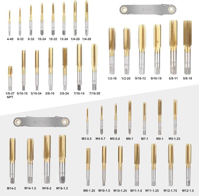WYNNsky Die and Tap Set in SAE and Metric, Hex Threading Dies for External Threads, Thread Tap for Internal Threads, Thread Wrench, Thread Pitch Gauge, 86 Pieces Gauge Kit for DIY Tapered