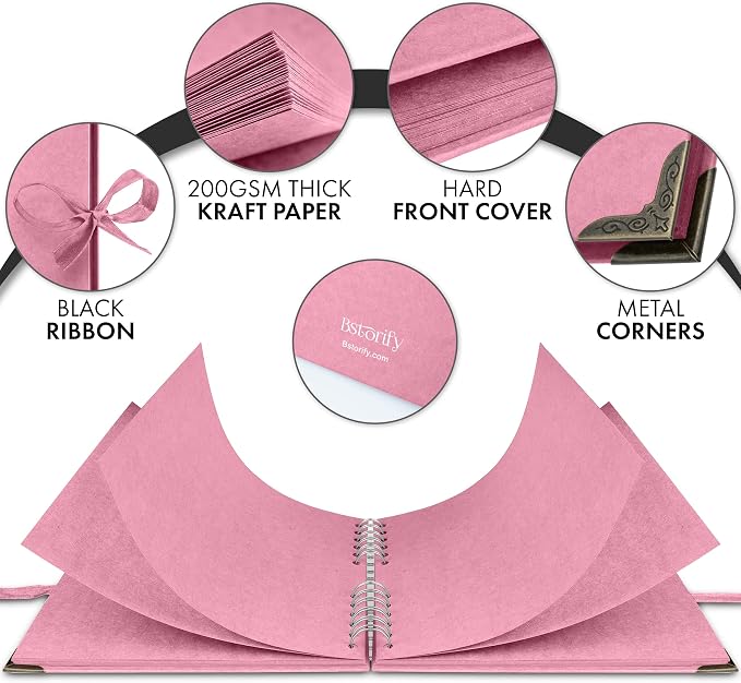 Bstorify Square Scrapbook Photo Albums 8 x 8 Inch Pink Thick Paper, Metal - Image 3