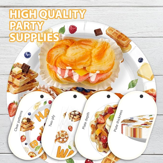 96Pcs Waffle Birthday Party Decoration Breakfast Brunch Bread Food Plates and - Image 6