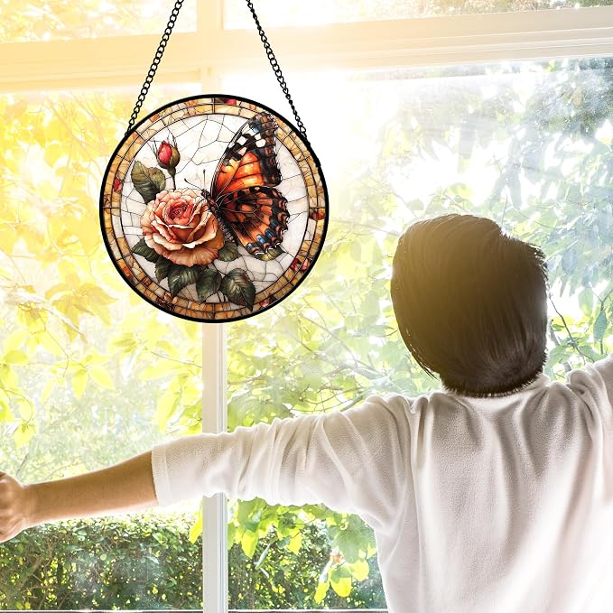 DASTOLL Stained Glass Window Hanging, Butterfly Picking Flowers Suncatcher - Image 2