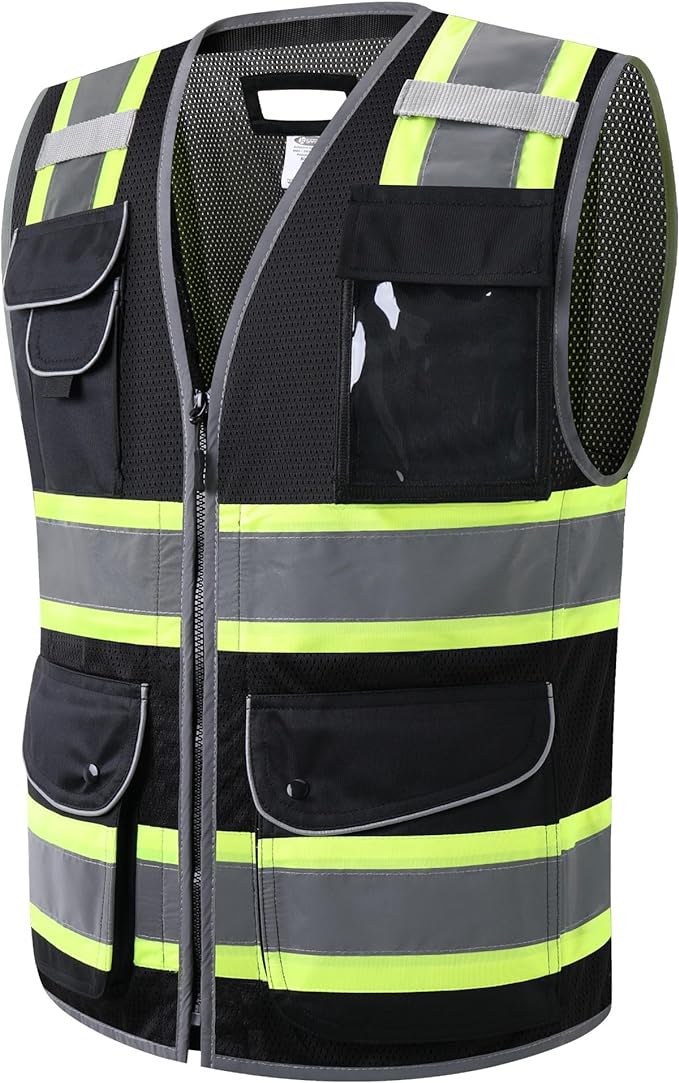 JKSafety 11 Pockets Hi-Vis Black Mesh Safety Vest for Men Women High Visibility Reflective Construction with Zipper Work Utility PPE Work Gear ANSI/ISEA compliant (102-Black 3XL)