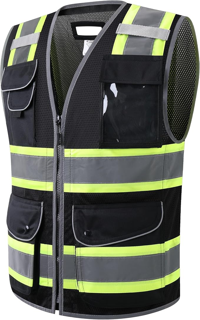 JKSafety 11 Pockets Hi-Vis Black Mesh Safety Vest for Men Women High Visibility Reflective Construction with Zipper Work Utility PPE Work Gear ANSI/ISEA compliant (102-Black XXL)