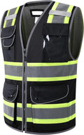 JKSafety 11 Pockets Hi-Vis Black Mesh Safety Vest for Men Women High Visibility Reflective Construction with Zipper Work Utility PPE Work Gear ANSI/ISEA compliant (102-Black 5XL)