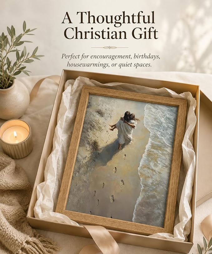 Framed Jesus Holding Woman Canvas Print.Footprints in The Sand Wall Art.Wood - Image 8