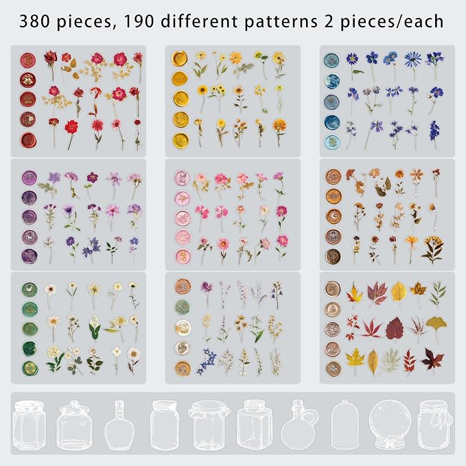 emmoolife Pressed Flower Stickers Set Dried Flowers Themed Resin Sticker Decals - Image 3