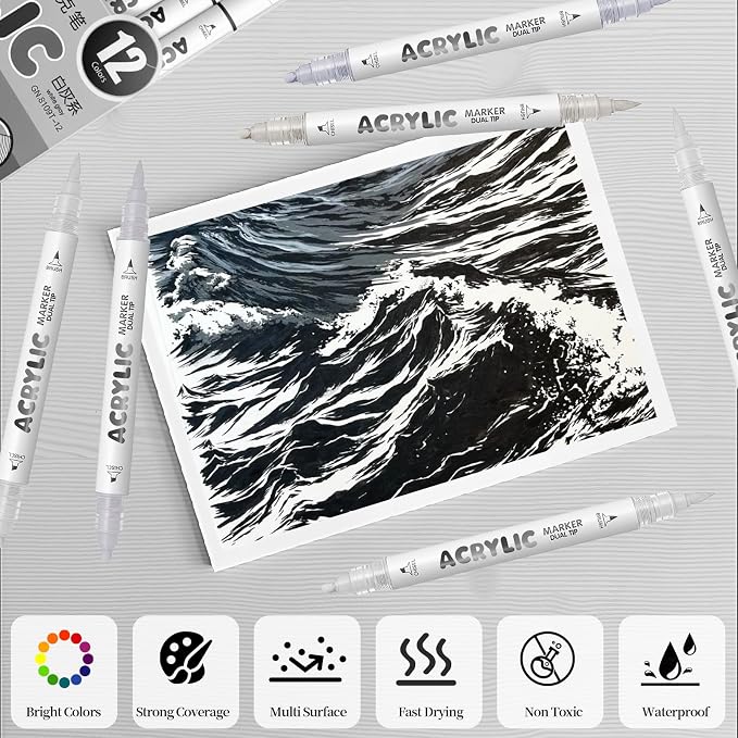 White Gray Acrylic Paint Pens, Water Based 12 Colors Dual Tip Acrylic Paint - Image 4