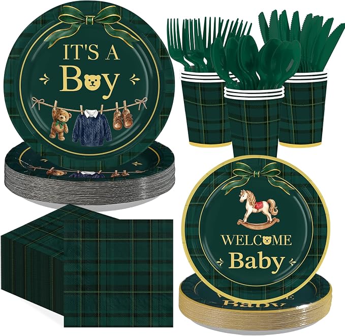 168 Pcs Tartan Plaid Bear Baby Shower Decorations, Serves 24 | We Can Bearly by Greencian
