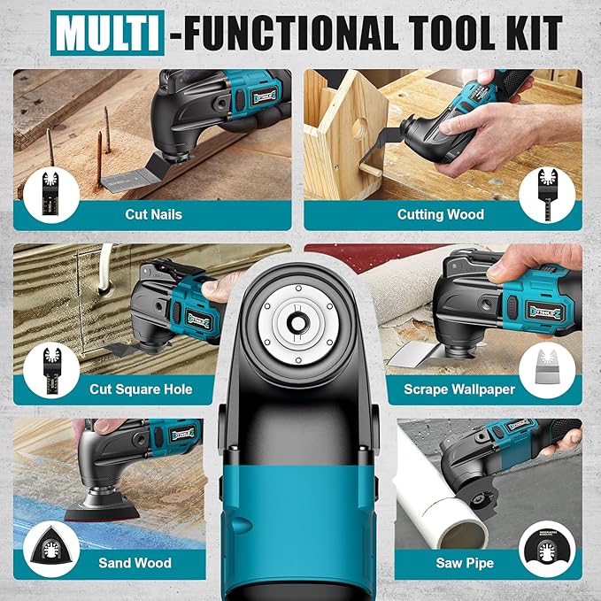 Cordless Oscillating Tool Compatible with Makita 18V Battery, 6 Variable Speed Brushless Tool, Oscillating multi tool kit for Cutting Wood Drywall Nails Remove Grout & Sanding(No Battery）