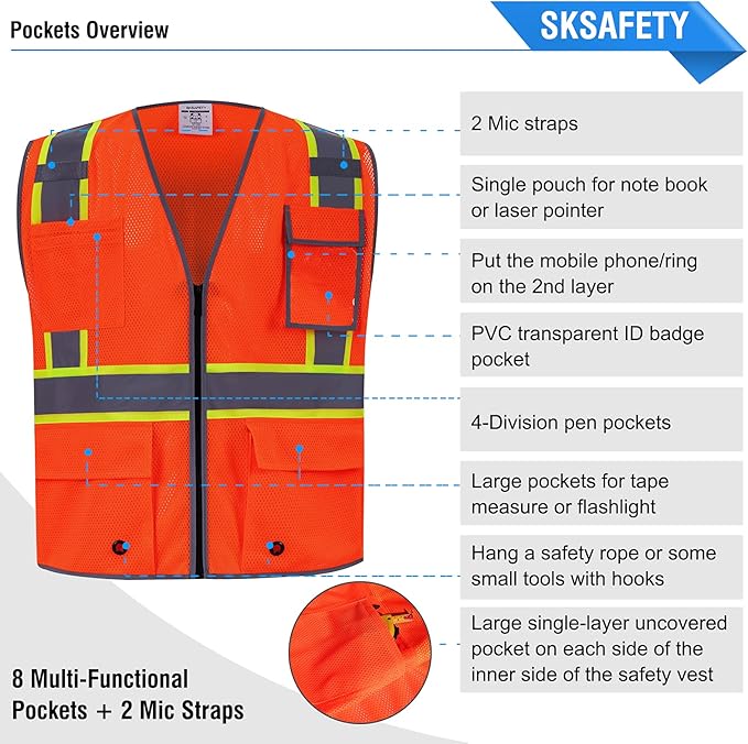 SKSAFETY 10 Pockets Safety Vest, Class 2 High Visibility Security with Zipper Double-sided mesh, Hi Vis Vest with Reflective Strips, ANSI/ISEA Standard, Construction Work Vest （Orange, 5XL）