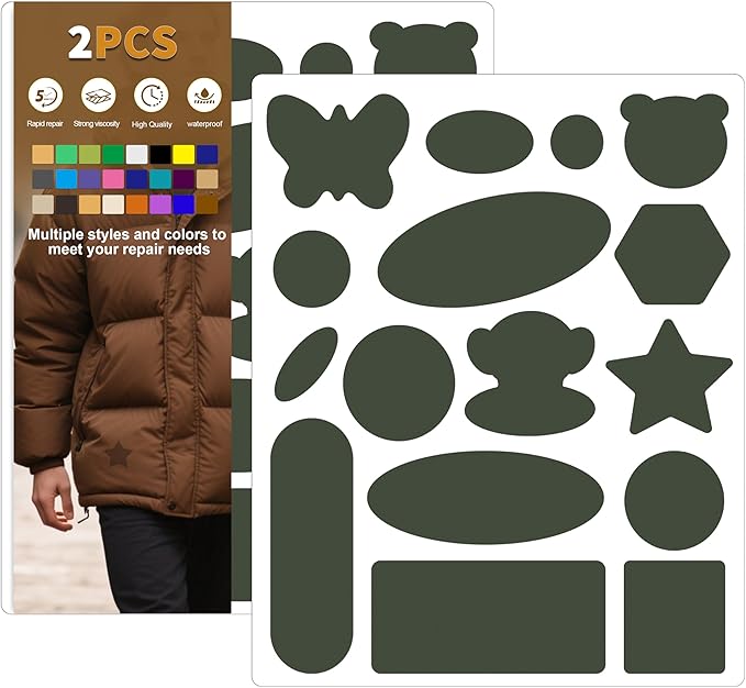Azobur Down Jacket Repair Patches-Waterproof, Self-Adhesive,Nylon Fabric Patches for Puffy Jackets, Rain and Snow Gear, Tents, Sleeping Bag and More(Grayish Green，2pcs)