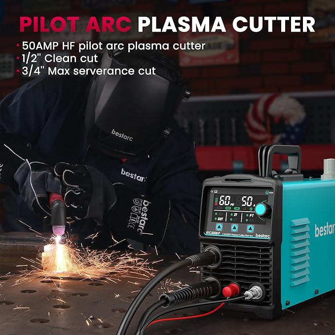 Plasma Cutter, [Pilot Arc][Large LED Display][Air Sensor] 50A bestarc Plasma Cutter Machine 110/220V Dual Voltage, 1/2'' Clean Cut 3/4 Inch Max Cut, Post Flow Mesh, 2T/4T for Beginners DIY