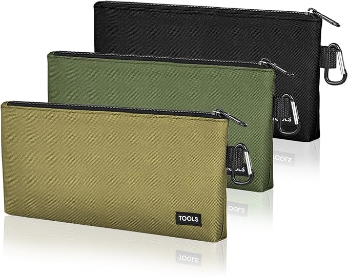 3 Pack Premium Tool Pouches Zipper Bag, 12 in Small Tools Bags with Carabiner, Heavy Duty Flat Bottom Utility Multipurpose Storage Organizer Bag for Tool, Stationary, Pencil (Tan, Navy Green, Black)