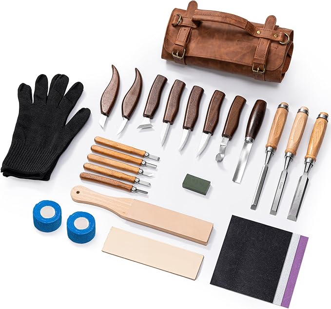 RexTact 25 PCS Wood Carving Kit,Woodworking Tools,Wood Carving Knives with Leather Storage Bag,Whittling Kit,Wood Art Tools 11 Whittling Knives & 5 Detail Carving Knives for Beginner&Professional
