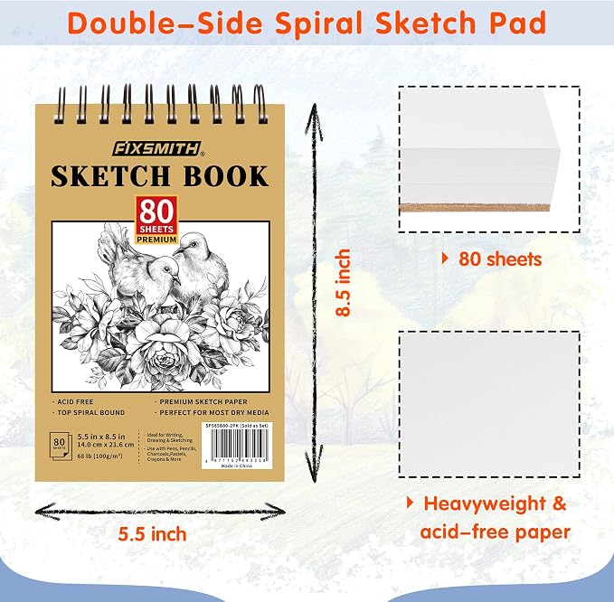 FIXSMITH 5.5"X8.5" Sketch Book | 160 Sheets | 2 Pack Sketchbooks | Top Spiral - Image 4