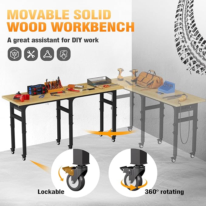 83" Heavy Duty Work Bench with Wheels, Adjustable Height 3000 Lbs Garage Workbench w/Pegboard Pad & Power Outlets, Portable Mobile Tool Work Table for Woodworking Workshop Home Office (83" L)
