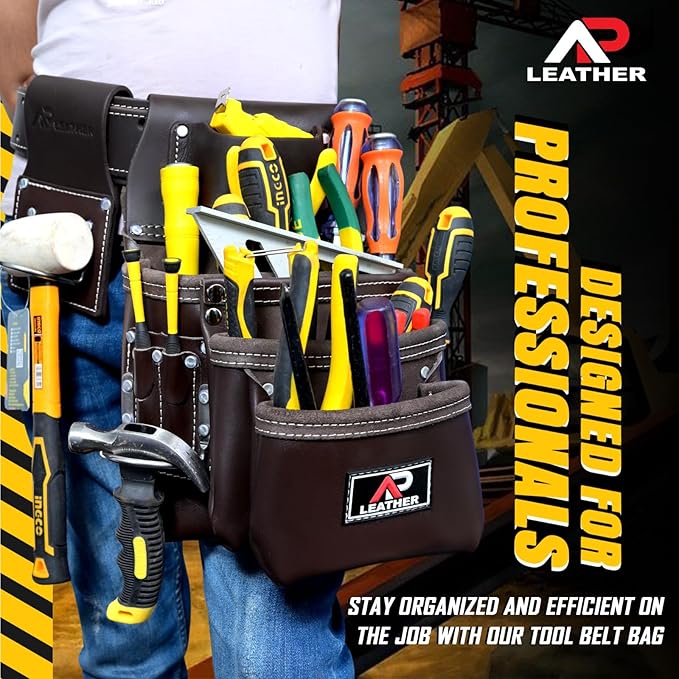 Pro-015 Leather Tool Pouch for Construction,Heavy Duty Hammer Holder,Buckle,3 Pocket Large with Belt, 12 Small Pocket, Tool Organizer