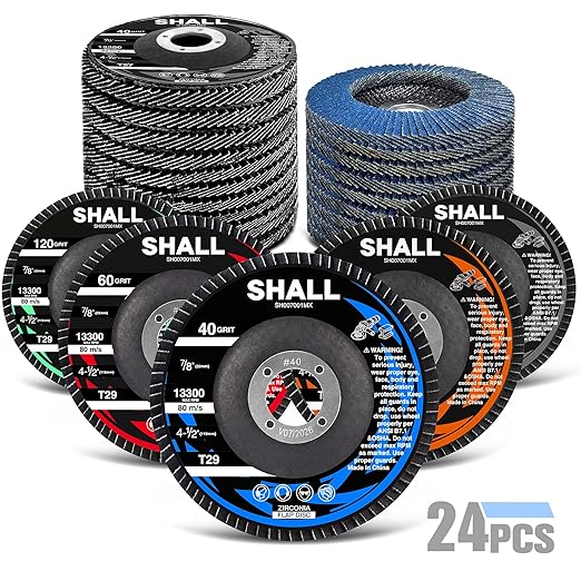 SHALL 24-Pack Flap Disc, 4-1/2" x 7/8", Zirconia Grinding Wheel 40/60/80/120 Grit T29 & 40 Grit T27 Angle Grinder Abrasive Sanding Disc with Etched Grit Number Indication, 80pcs Emery Cloth Per Disc