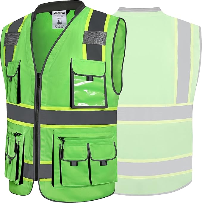 JKSafety 10 Pockets Hi-Vis Zipper Front Fluorescent Green Safety Vest | Cushioned Collar | High Reflective Tapes with Extended Neon Yellow Strips | Meets ANSI/ISEA Standards (XX-Large, 89-Green)