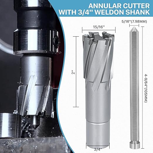 KEENTECH Carbide-Tipped Annular Cutter, 15/16" Diameter x 2" Depth, 3/4" Weldon Shank (2 Flat), High Speed Cutting TCT Mag Drill Bit with Pilot Pin for Harder Material, Stainless Steel, Cast Iron