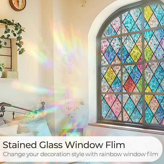 Windimiley Stained Glass Window Privacy Film:3D Rainbow Floral Decorative - Image 2