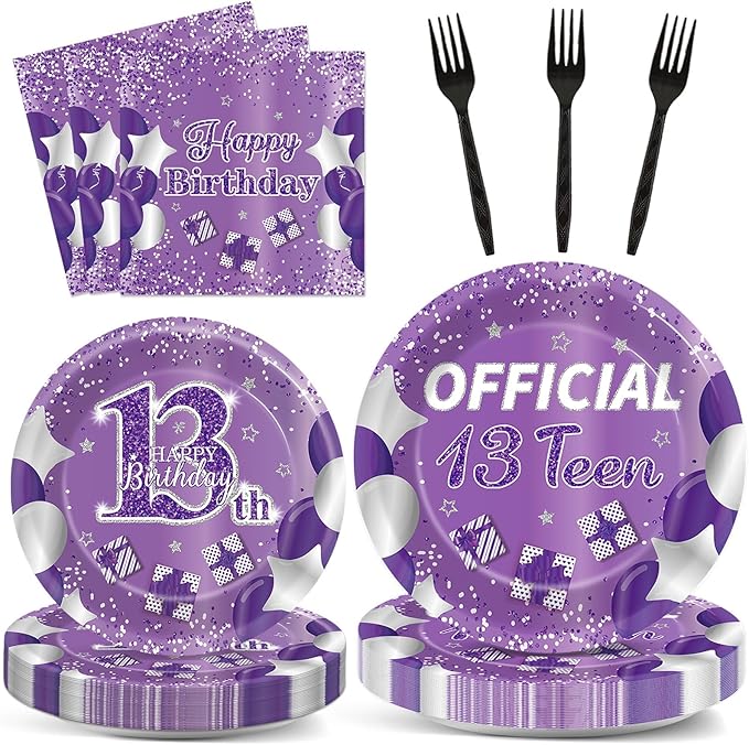 Qyeahkj 100 Pcs Purple Official Teen Birthday Decor 13th Birthday Plates by Qyeahkj
