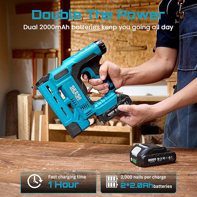 SEESII Cordless Brad Nailer, 18 Gauge 2 in 1 Electric Stapler/Nail Gun, 2.0Ah Battery, 1000pcs Nails and Staples, Adjustable Depth for Upholstery, Woodworking