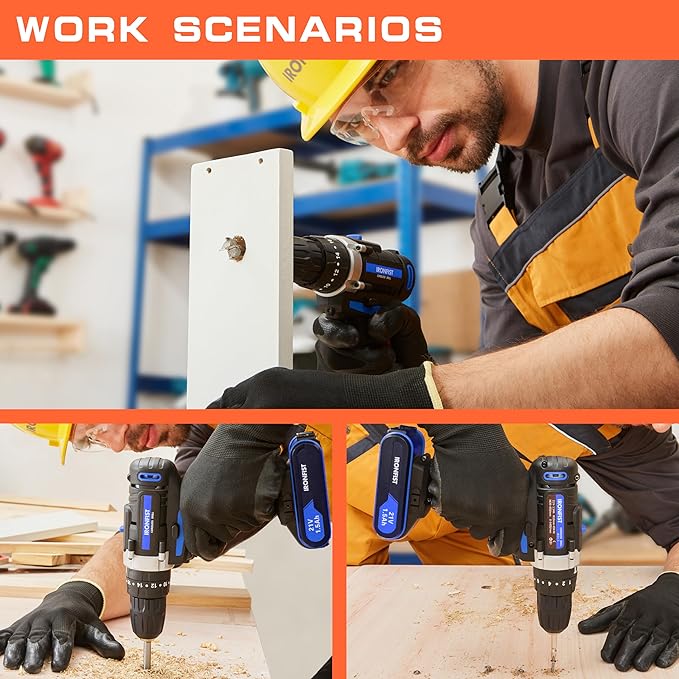 Cordless Drill, 2 Variable Speed Impact Driver 45Nm Torque, 3/8" Keyless Chuck Drill/Driver Sets, 2 Batteries and Charger