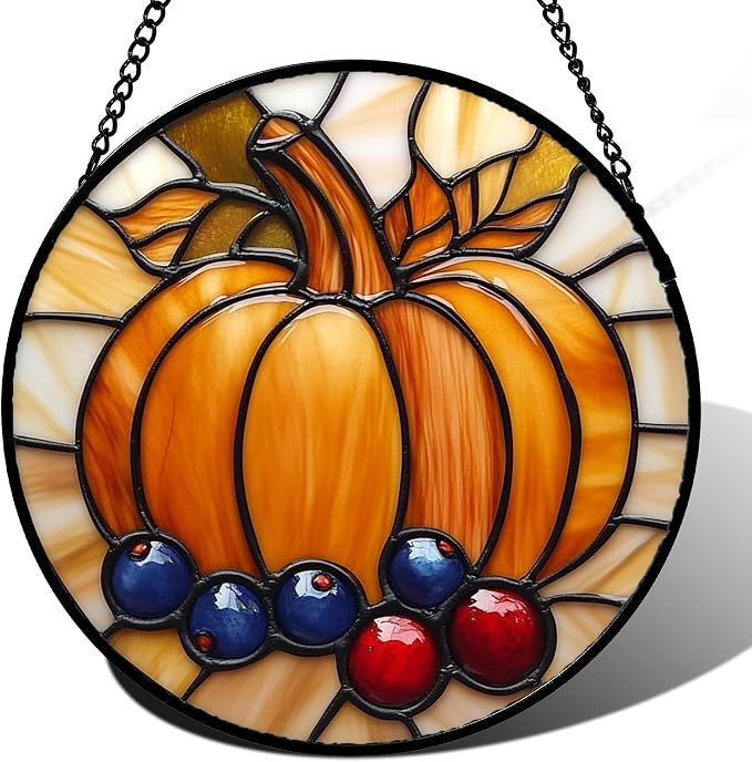 DASTOLL Stained Glass Window Hanging Fall Pumpkin Berries 6.3" by DASTOLL