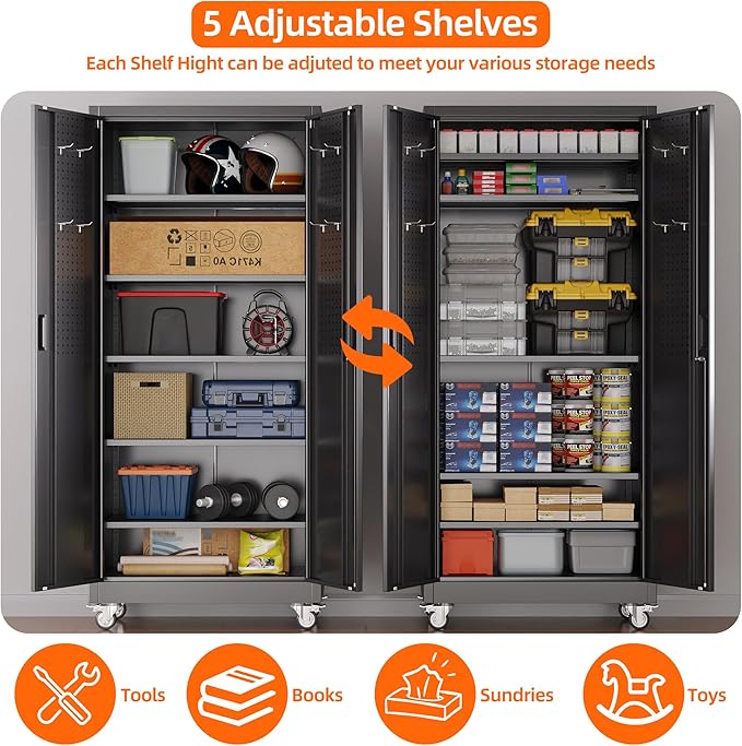 Metal Garage Storage Cabinet with Pegboard, 71''H*32" W*16" D Rolling Tool Cabinets on Wheels with 5 Adjustable Shelves for Garage Home Warehouse Utility Room, Assembly Required,Black