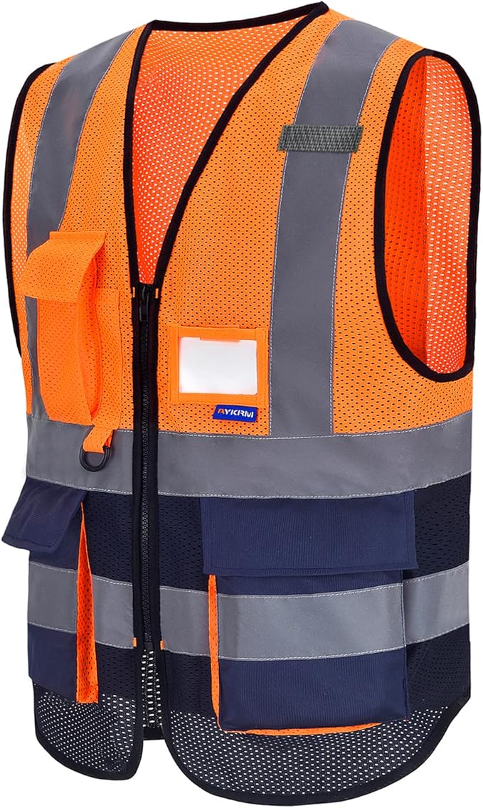 A-SAFETY High Visibility Mesh Safety Reflective Vest with Pockets and Zipper,Hi Vis Viz Reflective Safety Vest(Orange&Navy Mesh M)