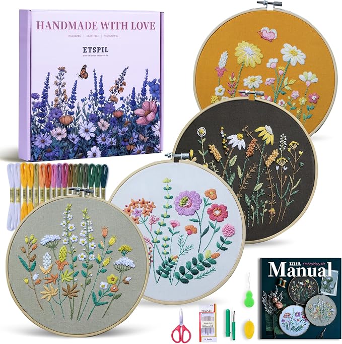 ETSPIL Embroidery Kit for Beginners, 2 Hoops, 4K Video, 4 Floral Patterns | by ETSPIL