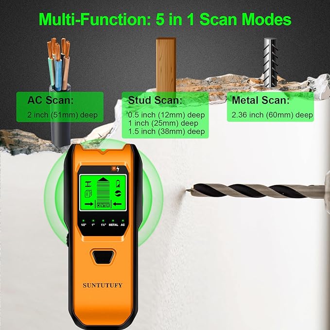Stud Finder Wall Scanner - 5 in 1 Electronic Stud Detector with Upgraded Smart Sensor, Audio Alarm and HD LCD Display for the Center and Edge of Wood, AC Wire, Metal and Studs Detection (Amber)
