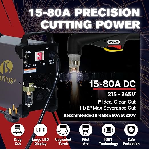 LOTOS LTP8050 CNC 80AMP Blow Back Arc Plasma Cutter, CNC Interface Ready, HTC/Arc OK Output, Drag Cut Enabled, 1" 25mm Clean Cut, Metal Cutting Machine, 220V
