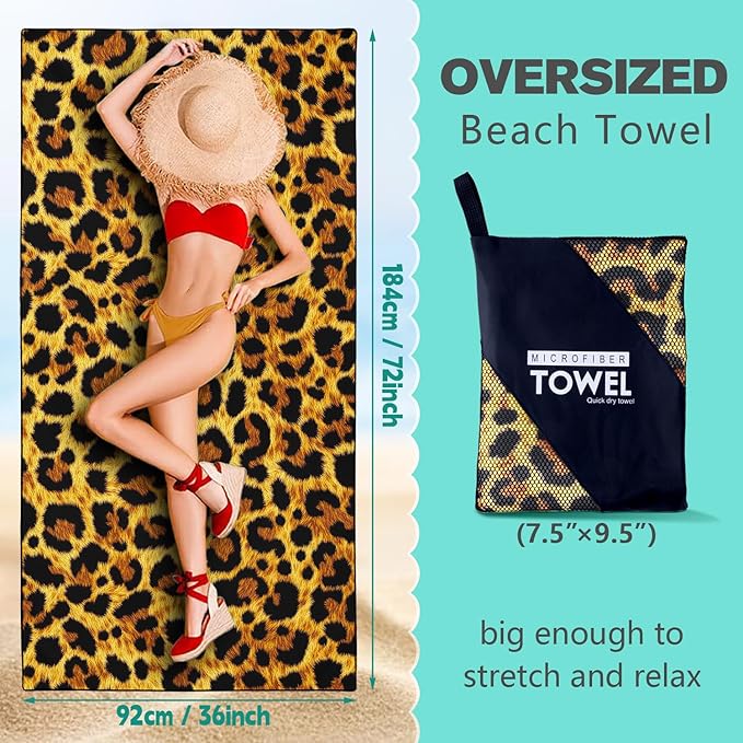 Leopard Print Beach Towel Oversized 36" x 72", Thin Lightweight Sand Free Quick Dry Microfiber Towel for Swimming Pool Cruise Camping Travel