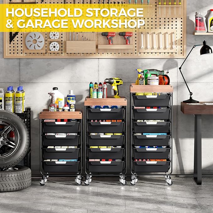 SYKIARIOL Utility Cart with 4 Labeling Drawers and Wooden Tabletop – Rolling - Image 6