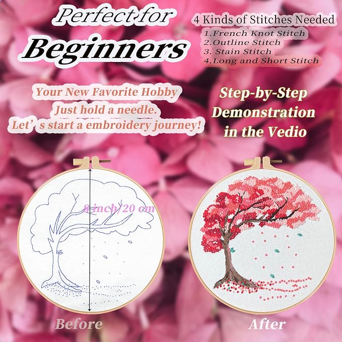 FONNUY Crewel Embroidery Kit for Beginners, Seasonal Tree Pre-Stamped Pattern - Image 4
