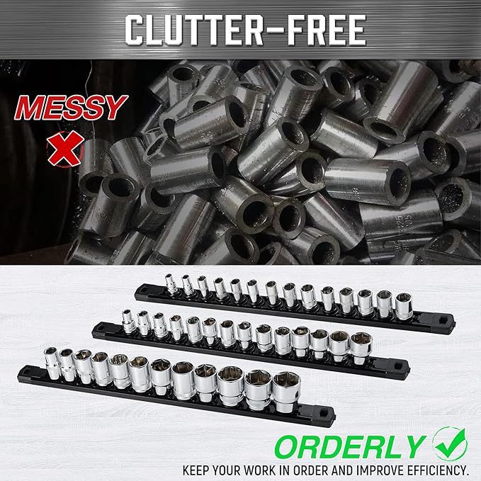 ALOANES 1/4-Inch Drive Magnetic Socket Organizer, Heavy Duty Aluminum Socket Rail Organizer, 360° Swivel Clips Socket Holder Kit for Tool Box, 1/4-Inch Socket Holder x 14 Clips (Black)