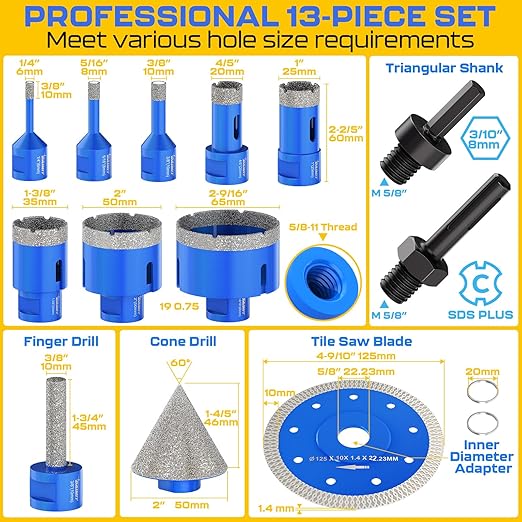DAIMIT 13-Piece Diamond Drill Bits Set | Vacuum-Brazed Core Hole Saws (5/8"-11 Arbor) for Tile, Marble & Porcelain | Wet/Dry Use | Granite & Glass Cutting Kit