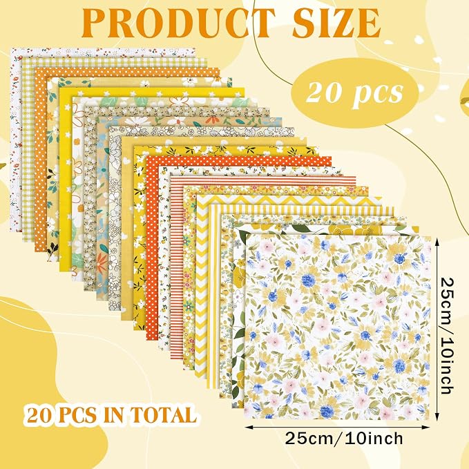 HunnmingRe 20 Pcs 10''x10'' Yellow Flower Quilting Fabric Square Spring Floral - Image 2