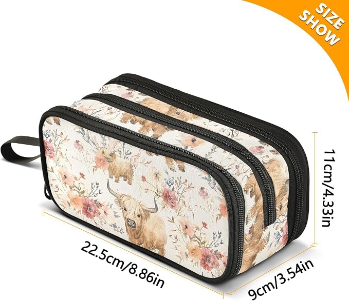 Cute Highland Cows Flowers Pencil Case Box Boys Girls Large Pencil Pouch - Image 4
