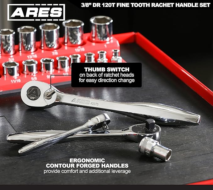 ARES 42069 – 3/8-Inch Drive 120 Tooth Ratchet – 3 Degree Swing Arc - Reversible Ratcheting Mechanism - Ergonomic Handle and Professional Gear Structure