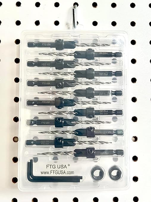 FTG USA 12 Pc #8 (11/64") Countersink Drill Bit Set with Depth Stop Collar, Hex Wrench - Tapered Drill Bits for Wood